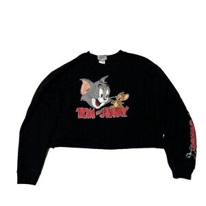 Tom And Jerry Juniors Girls Cropped Sweat Shirt Long-sleeved Black Size Large